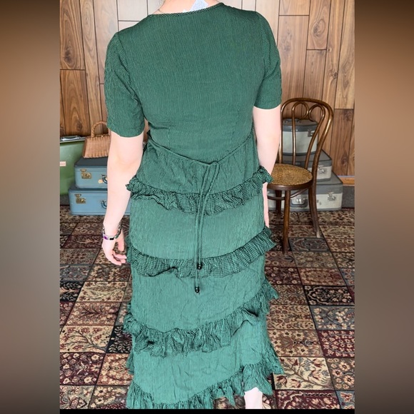 Vintage Rayon Black & Green Ruffle Dress - Short Sleeve - Picture 6 of 10